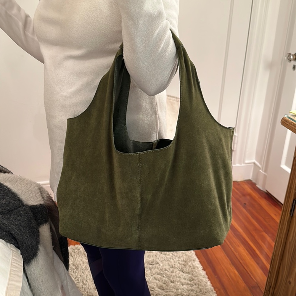 Olive faux suede tote with pouch